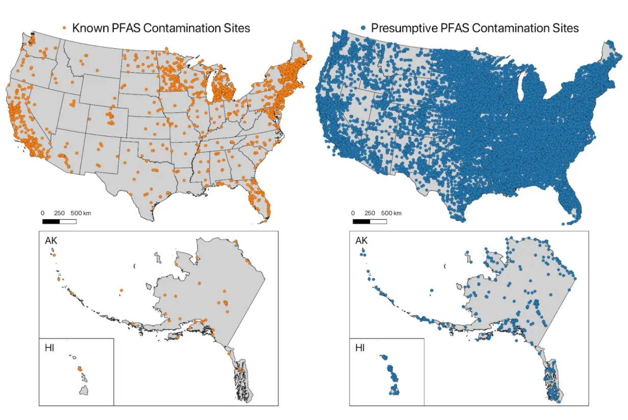 Side-by-side maps of the United States. Left map shows 2,219 known PFAS contamination sites as sparse orange dots concentrated in the Northeast and coastal states. Right map shows 79,891 presumptive PFAS contamination sites as dense blue dots blanketing most of the country, especially the East and Midwest — roughly 36 times as many sites.